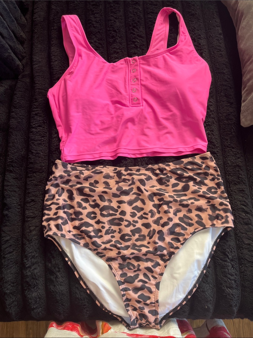 A Classy Chic Boutique Pink Crop Tankini Top with Leopard High-Waist Bottoms